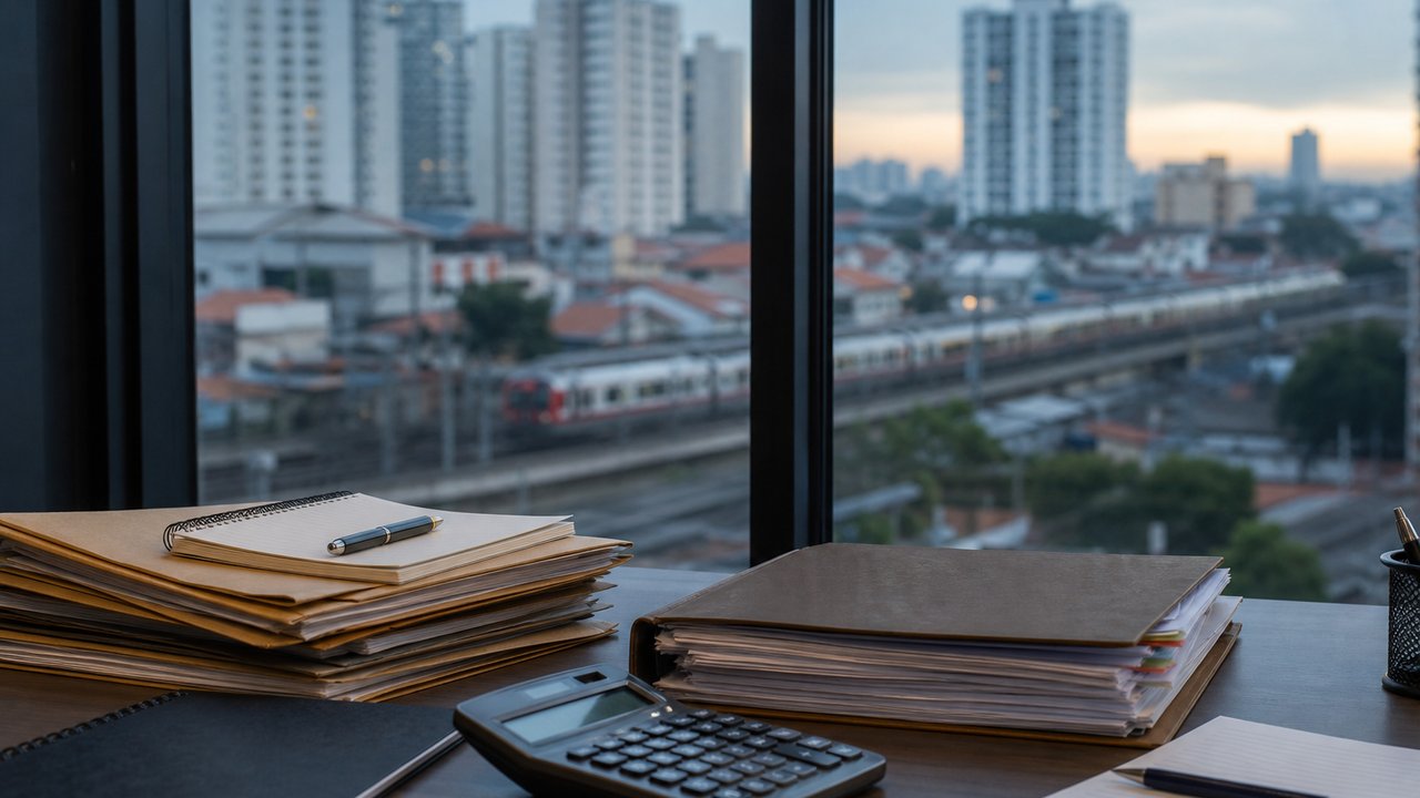 Mesa de escritório pequena com pastas de documentos trabalhistas, calculadora e caderno de anotações junto a uma janela